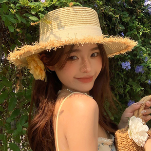 蝴蝶结系带拉菲草帽女夏季 大帽檐海边沙滩度假遮阳帽防晒太阳帽子