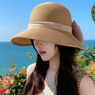 海边可折叠遮阳防晒帽潮 新款 法式 赫本风草编蝴蝶结渔夫帽子女夏季