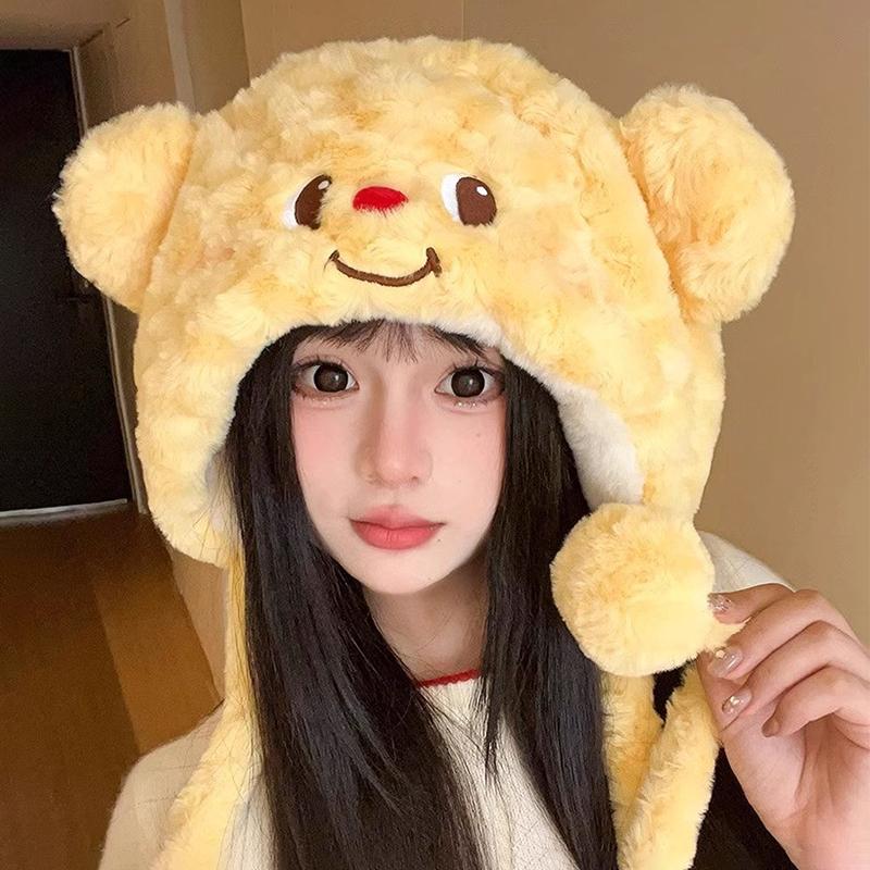 卡通可爱黄油小熊毛绒帽子女套头帽一体防寒保暖冬季加厚雷锋帽潮