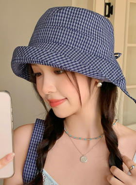 韩版森系格子藏青色渔夫帽子女夏季大檐卷边薄款透气遮阳防晒盆帽