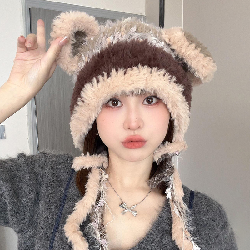 甜美可爱小熊耳朵包头帽子女秋冬季户外防寒保暖百搭显脸小雷锋帽