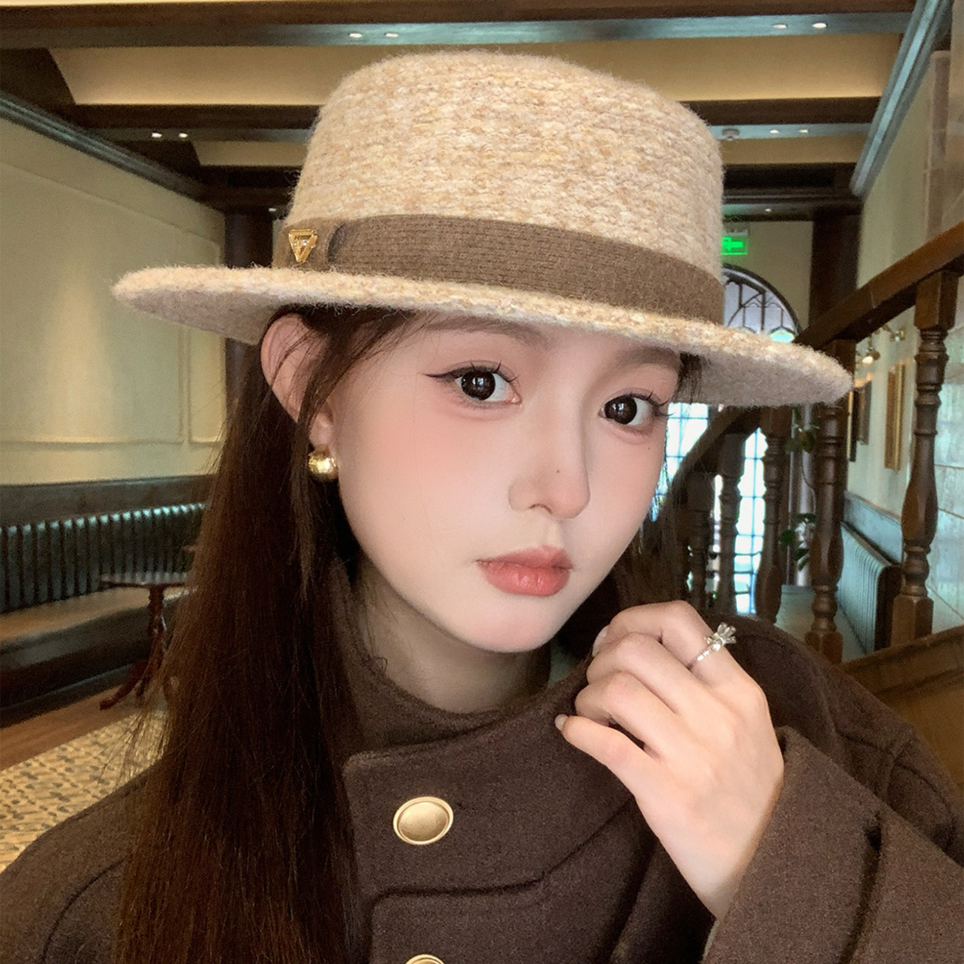 法式赫本风毛呢显脸小帽子女秋冬季气质优雅礼帽百搭平顶帽爵士帽