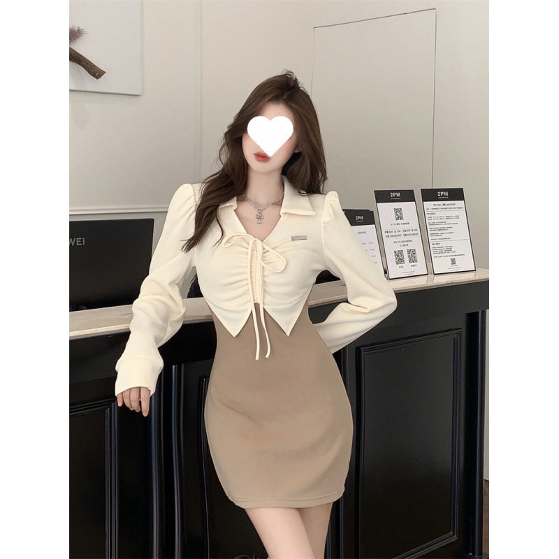 法式温柔风长袖连衣裙女性感修身设计感小众包臀裙子假两件