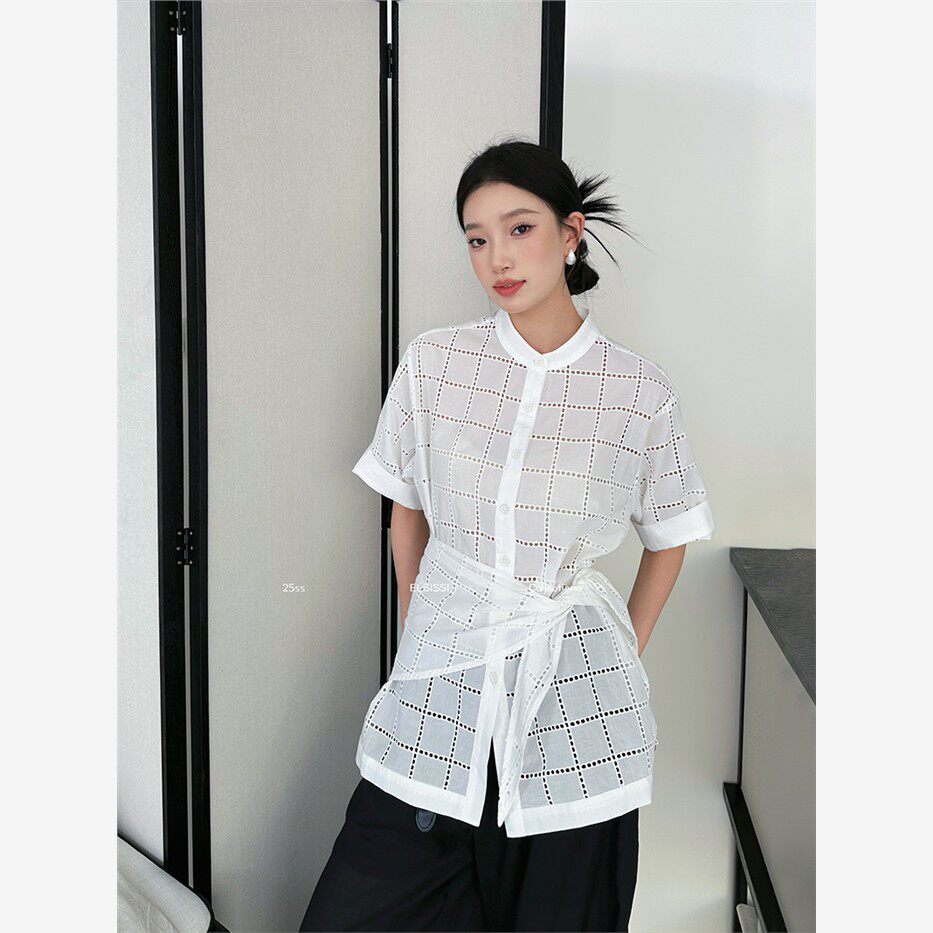 ELSISSI纯棉镂空刺绣镂空女式衬衫高级感气质短袖衬衣女款夏薄款
