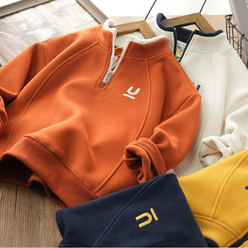 童装儿童加绒卫衣秋冬季一体绒保暖上衣男童半拉链打底衫儿童冬装