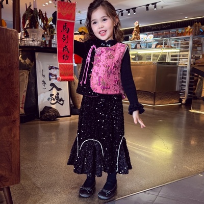 米米哈罗新中式女童汉服儿童中国风马甲半身裙两件套冬装2025新款
