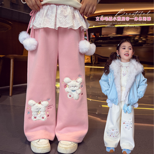 女童加绒长裤冬装2025新款小女孩芭蕾风运动休闲裤儿童韩版阔腿裤