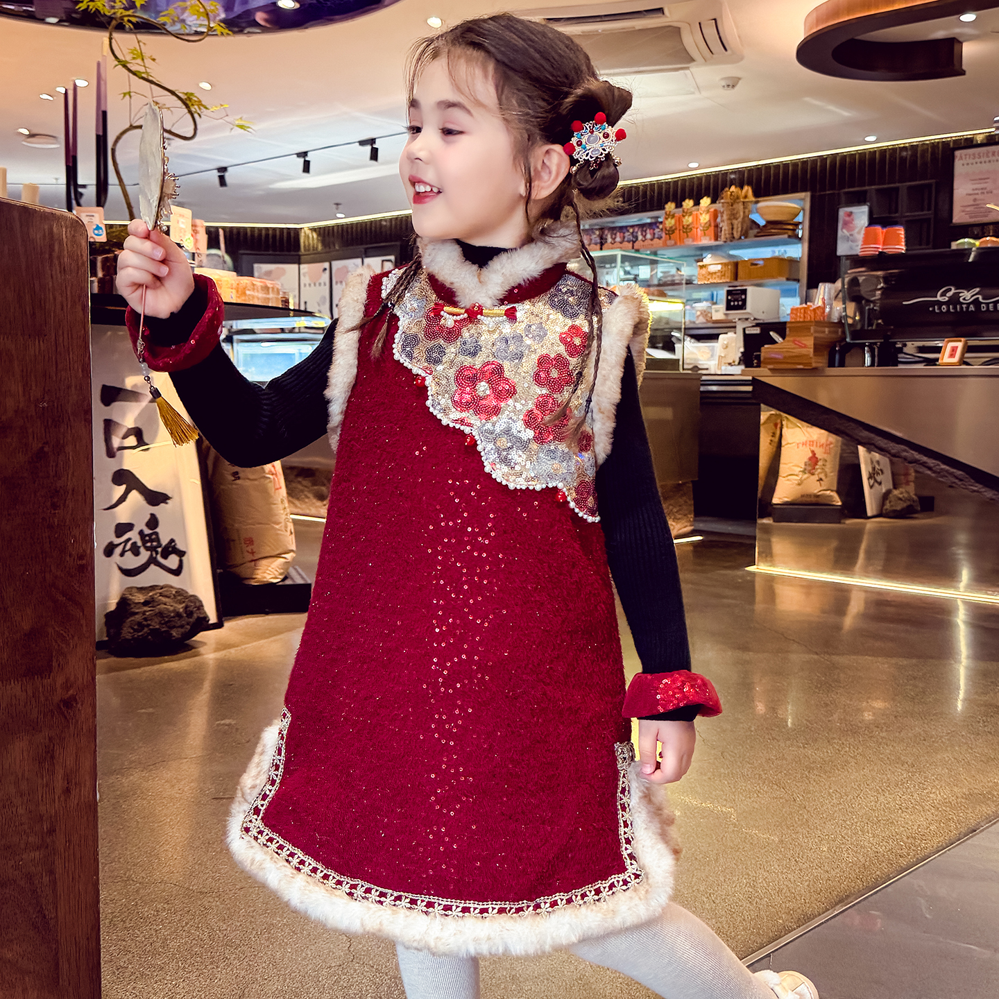 米米哈罗女童新中式旗袍连衣裙夹棉冬装2025新款儿童拜年服公主裙