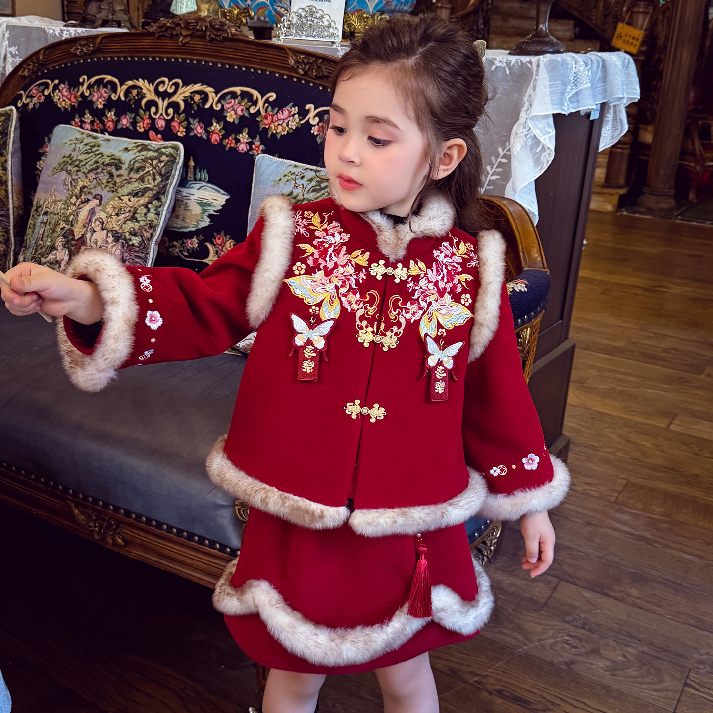 米米哈罗女童拜年服冬2026新款儿童夹棉唐装外套半裙女孩新年战袍,童装/婴儿装/亲子装,唐装,淘宝优惠券,粉丝福利购,淘宝优惠卷
