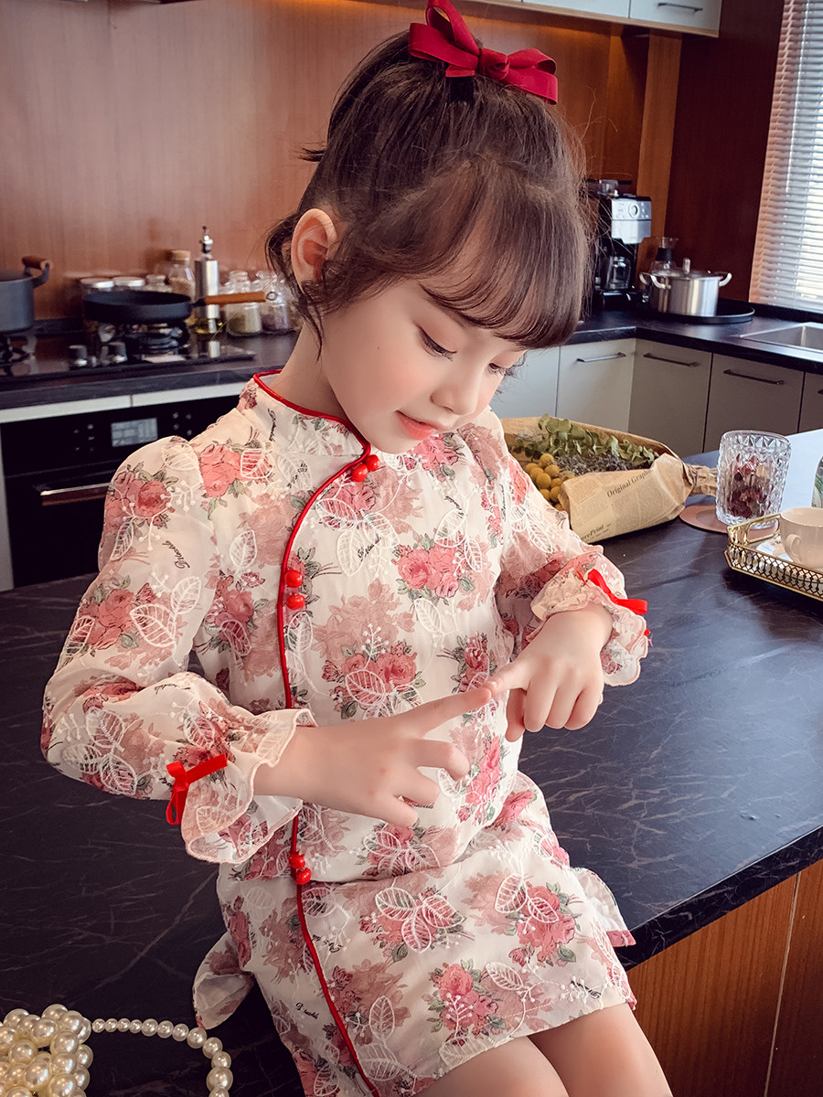 Girls cheongsam dress 2021 autumn new children's Chinese style skirt spring and autumn little girl Western style floral dress