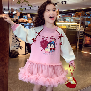 米米哈罗女童加绒连衣裙冬装2025新款儿童韩版宽松卫衣裙女孩纱裙