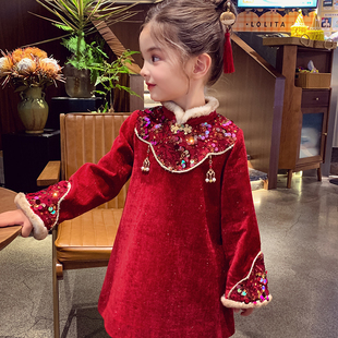 拜年服女孩加绒连衣裙 洋气儿童中国风唐装 女童旗袍裙冬季 2025新款