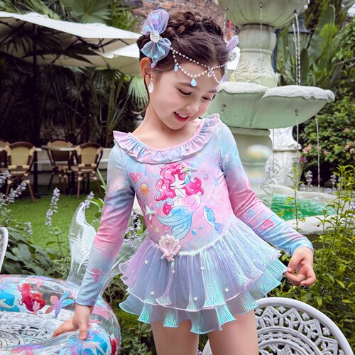女童夏装渐变网纱长袖美人鱼泳衣