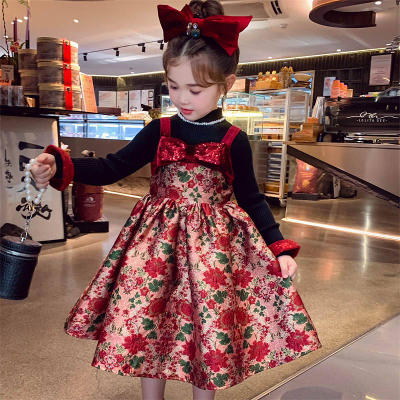 女童连衣裙冬装2025新款洋气儿童碎花吊带公主裙小女孩加绒礼服裙