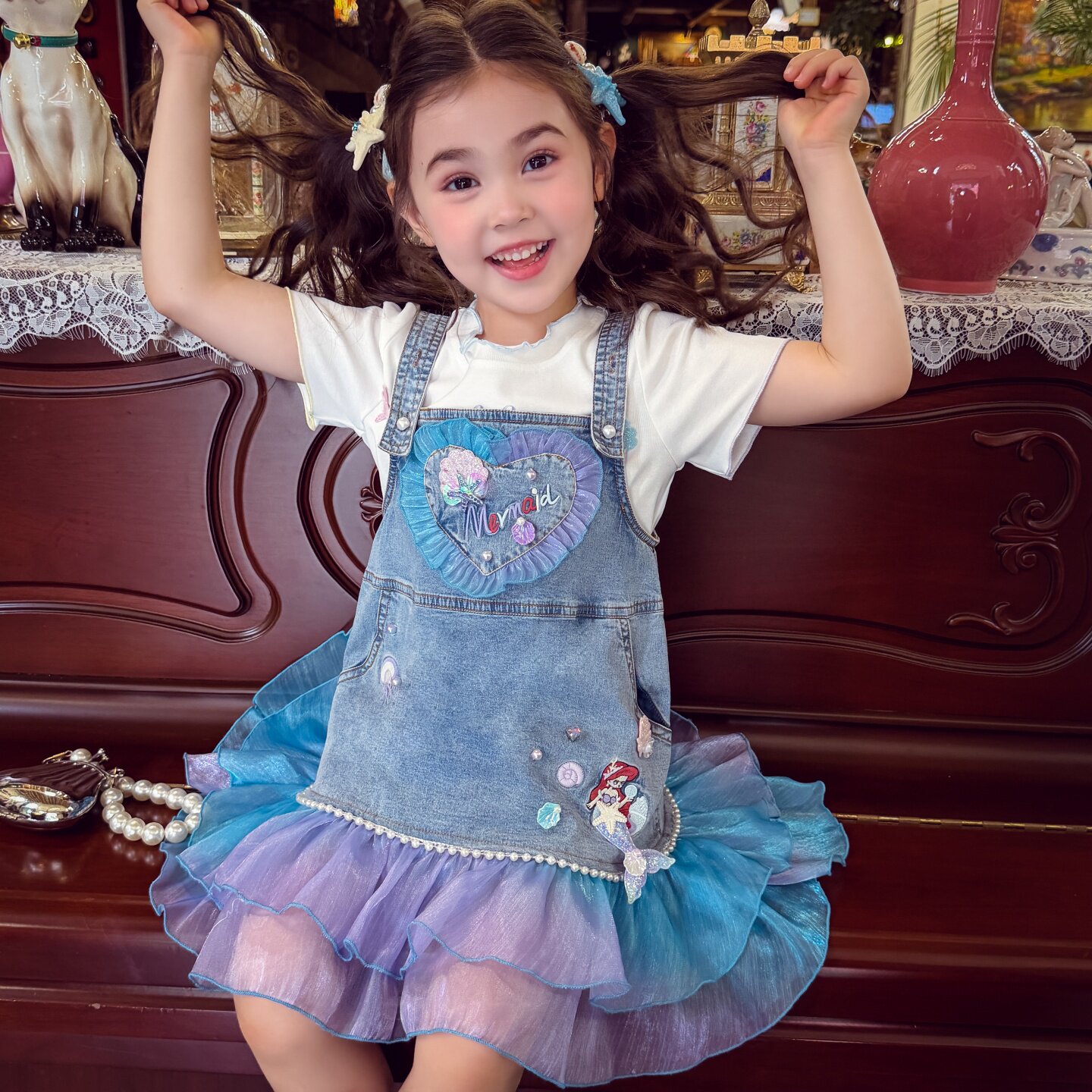 女童牛仔背带裙夏装2026新款儿童韩版人鱼爱心花边连衣裙吊带裙子