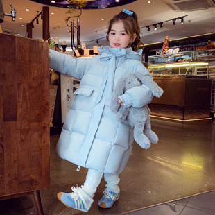 女童90白鸭绒羽绒服长款女孩保暖连帽外套冬装2025新款儿童面包服