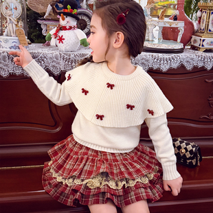 米米哈罗女童针织衫冬装2025新款儿童小香斗篷毛衣女孩假两件上衣