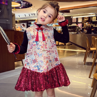米米哈罗女童旗袍连衣裙冬装2025新款儿童夹棉公主裙小女孩拜年服