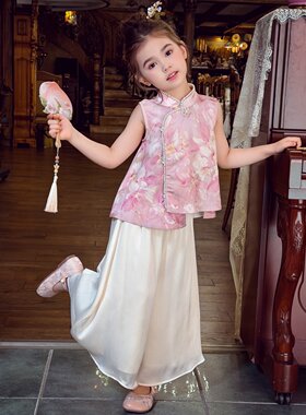女童夏款新中式立领印花坎肩马甲