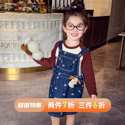 韩版蝴蝶结印花牛仔背带裙