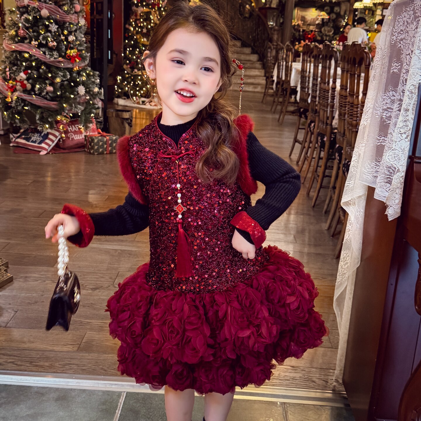 【暗夜玫瑰】新中式重工亮片玫瑰下摆旗袍裙