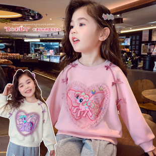 女童圆领卫衣秋冬2025新款 儿童网红宽松加绒上衣小女孩卡通打底衫