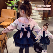 风衣 洋气女孩网纱拼接连帽冲锋衣儿童中长款 女童外套2026春装 新款