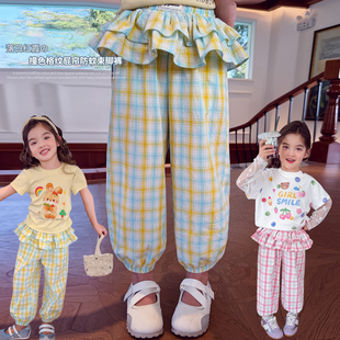 女童裤子春装2026新款洋气屁帘裤女孩裙裤儿童宽松格子束脚休闲裤