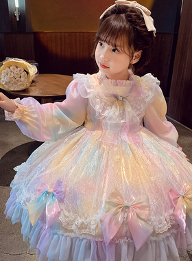 女童洛丽塔公主裙小女孩春装2026新款洋气儿童蓬蓬彩虹网纱连衣裙