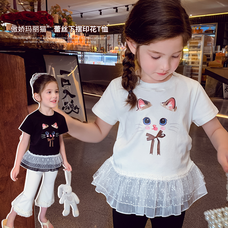 【软软猫酱】拼接蕾丝短袖T恤