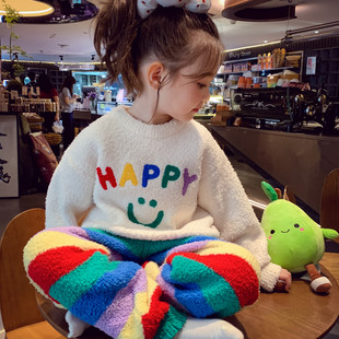 米米哈罗女童家居服套装冬装2025新款儿童半边绒保暖长袖睡衣睡裤