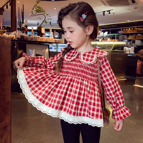 【草莓夹心】娃娃领红色格子衬衫