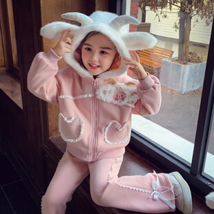 米米哈罗女童加绒套装冬装2025新款儿童可爱连帽卫衣外套长裤套装