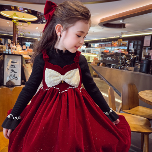 米米哈罗女童加绒连衣裙冬装2025新款洋气儿童网红吊带丝绒公主裙