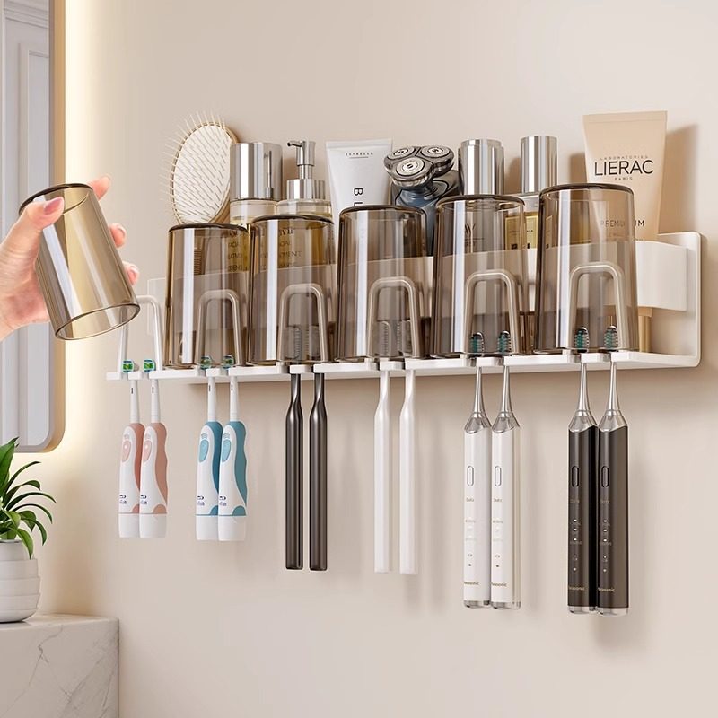 白色牙刷置物架免打孔卫生间刷牙漱口杯挂架壁挂电动牙刷架子杯子