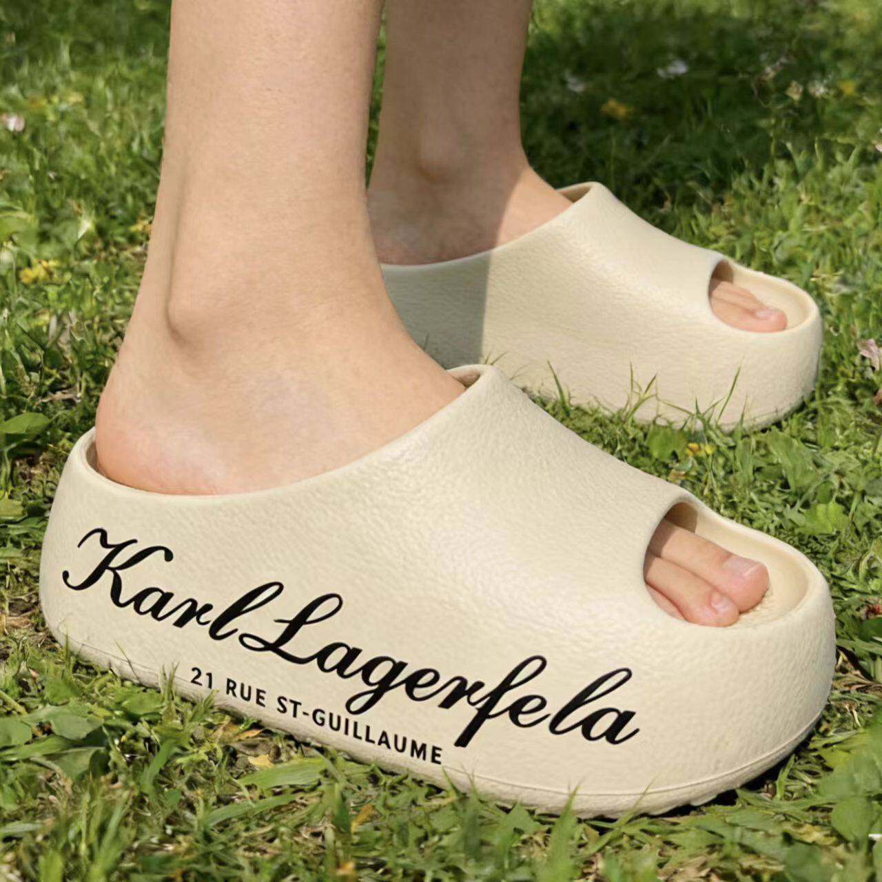 夏季外穿休闲松糕底印花字母厚底一字拖