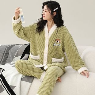 大码睡衣女200斤冬季珊瑚绒套装开衫保暖加厚可外穿胖mm家居服