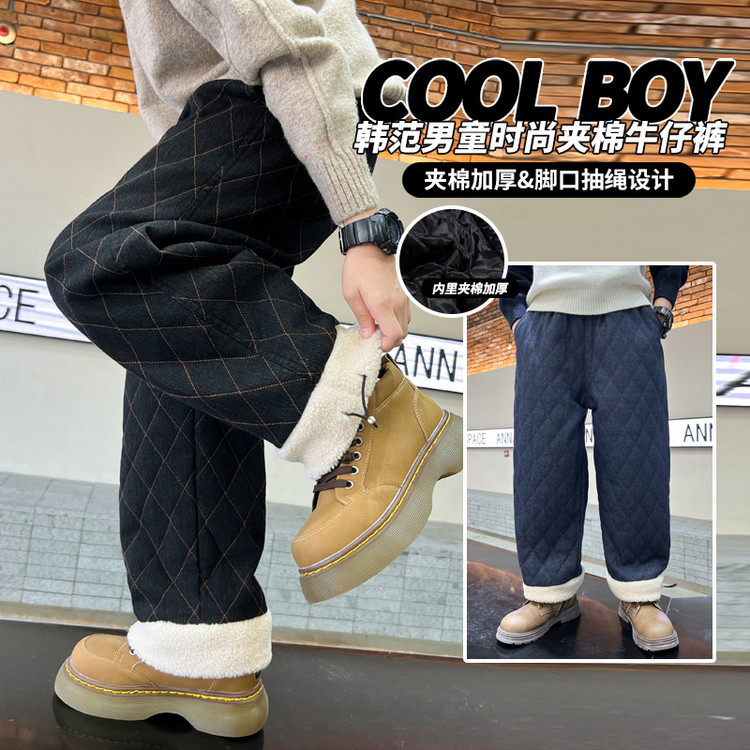 男童加绒直筒裤子2025新款秋冬款牛仔裤大儿童冬季夹棉保暖长裤潮