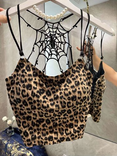 2025新款豹纹蜘蛛吊带背心女纯欲性感豹纹吊带一体式无钢圈美背