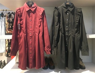 包邮纯元2024春秋季通勤荷叶边收腰衬衫版型牛仔长袖连衣裙 黑红