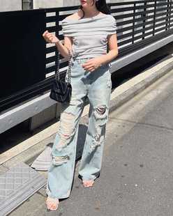 包邮涩谷109原宿日系y2k不规则破洞直筒宽松高腰牛仔裤显瘦显腿长