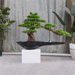 新中式尖嘴鱼形玻璃钢花盆迎客松盆景家居酒店前台售楼处绿植摆件