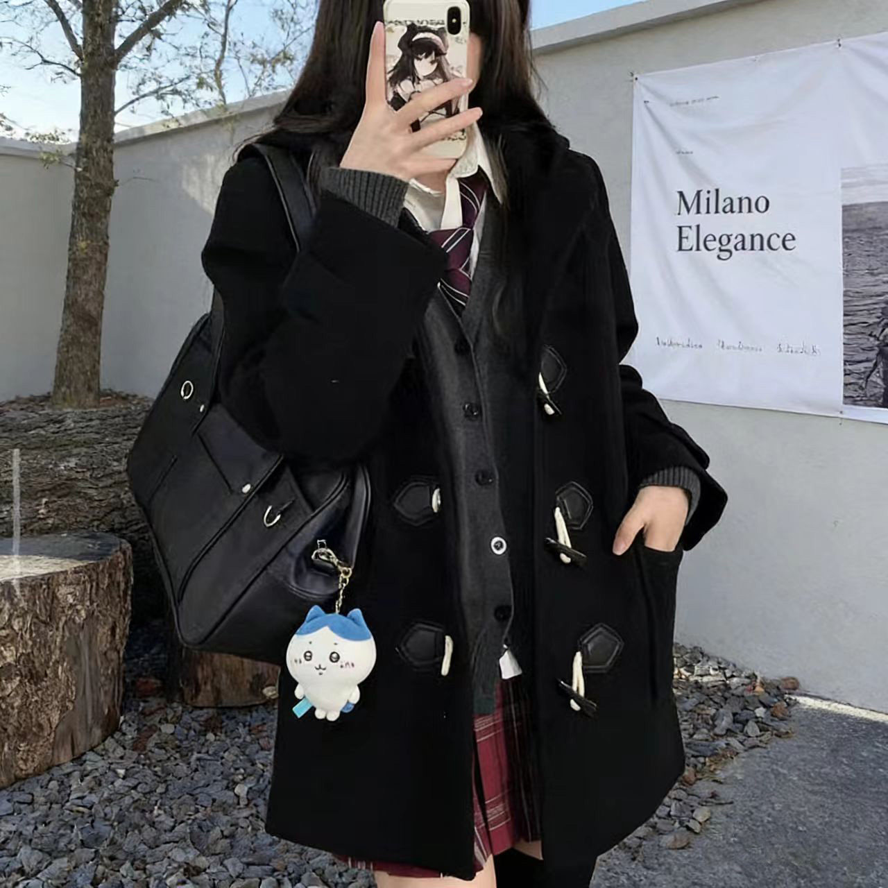 毛呢大衣学院风jk制服短款牛角扣绀色大衣jk外套