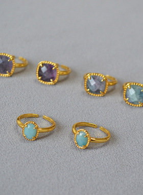 欧美小众复古刻面萤石开口戒指