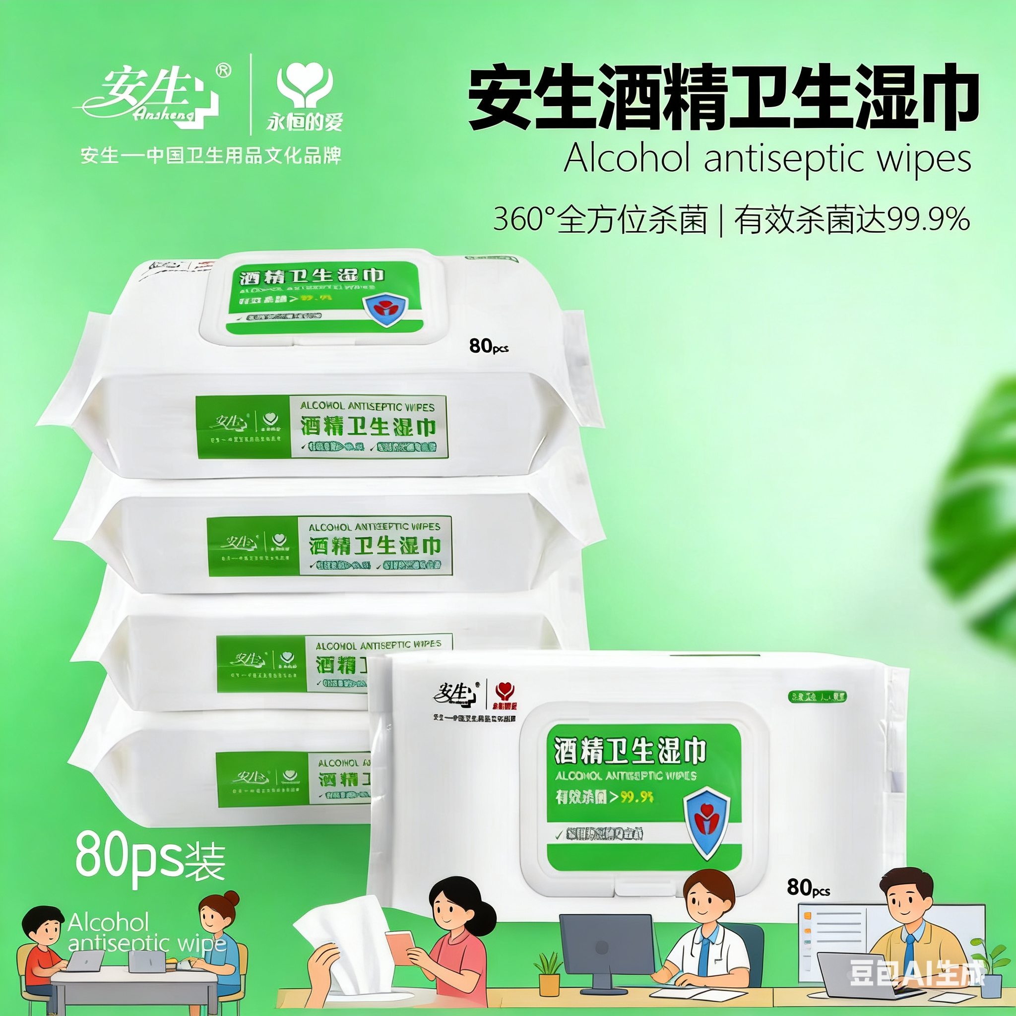 安生一次性酒精消毒湿巾 抑菌除菌儿童成人家用办公通用80片 包邮