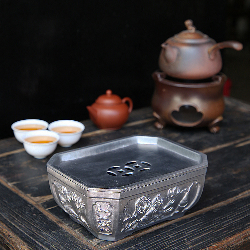 仿古锡茶盘壶承干泡台潮州工夫茶具真料点铜陈韵堂