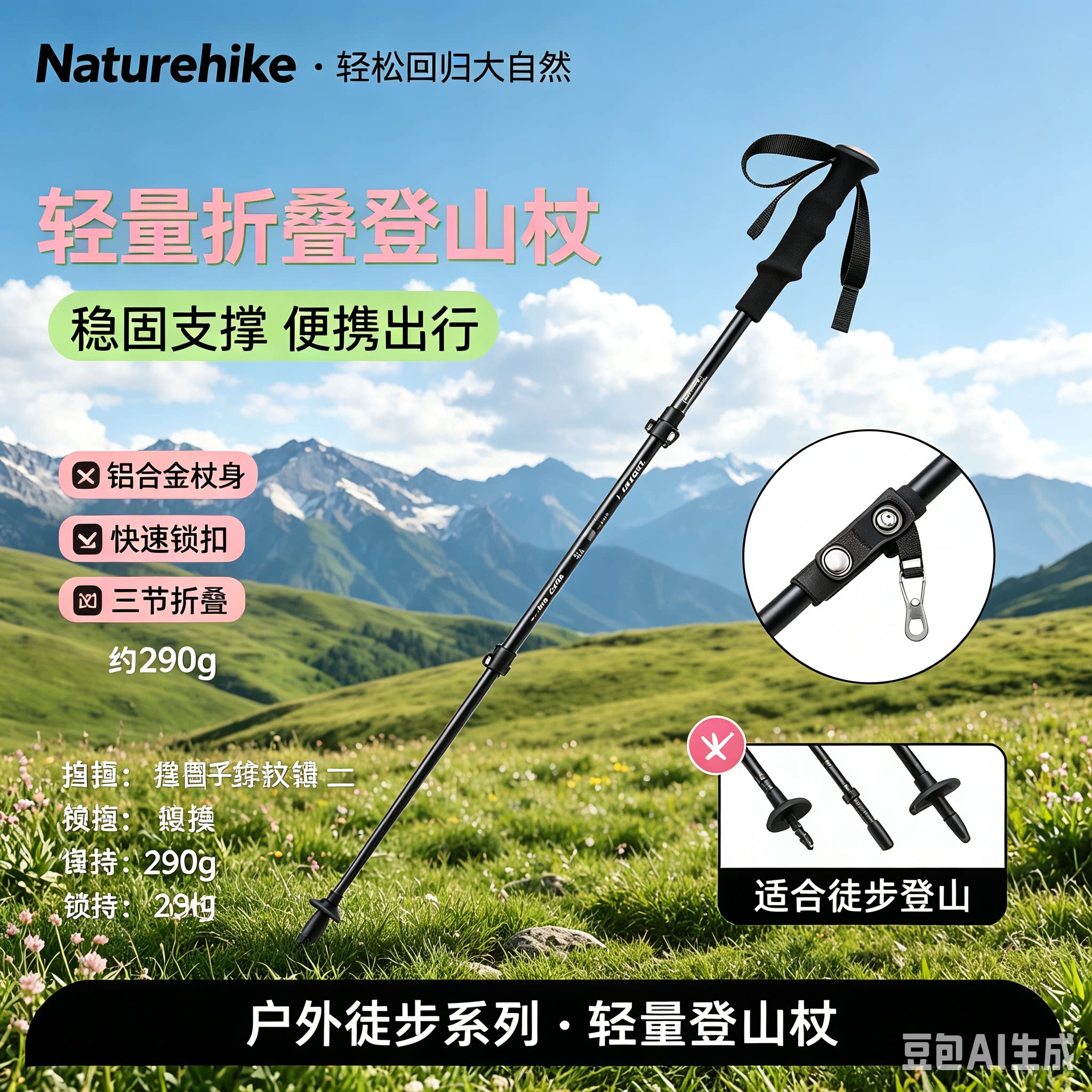 挪客晴雪pro铝合金登山杖户外伸缩折叠手杖男女徒步爬山户外装备图片