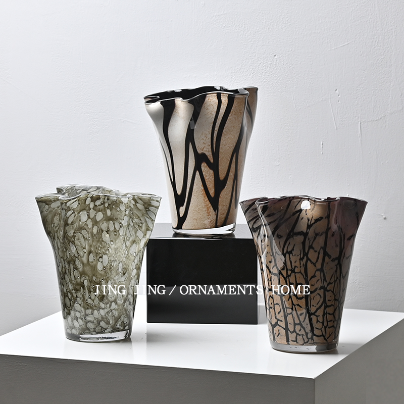 复古褶皱小号花瓶中古风装饰摆件客厅餐桌裂纹软装艺术感玻璃花瓶