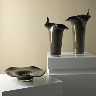 黑色花瓶意式 饰品鲜花器客厅茶几果盘摆件 极简餐桌花瓶玻璃玄关装