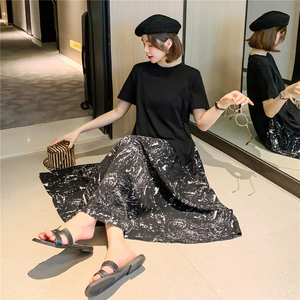 RM12912#夏新款/大码宽松假两件拼接雪纺大摆连衣裙